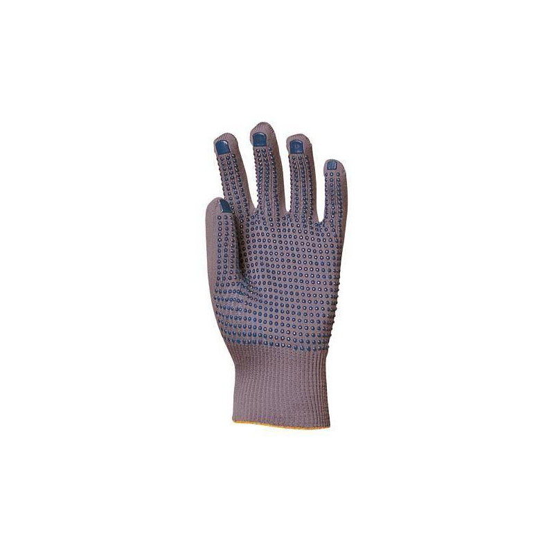 Lot 12 paires de gants nylon gris tricoté, picots bleus 1 face