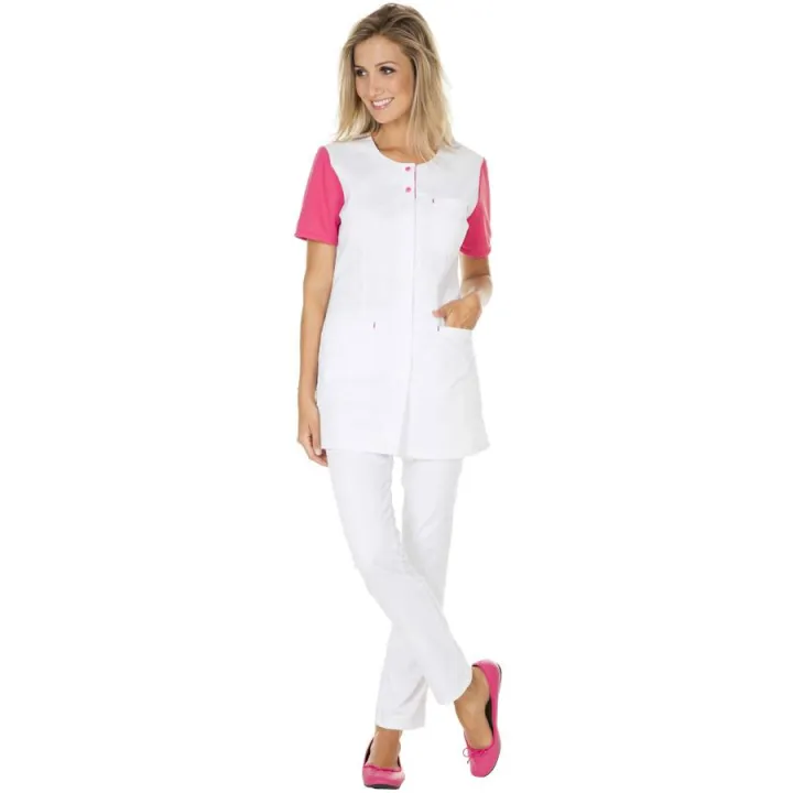 Tunique m&eacute;dicale femme manches courtes PAULA Blanc Framboise