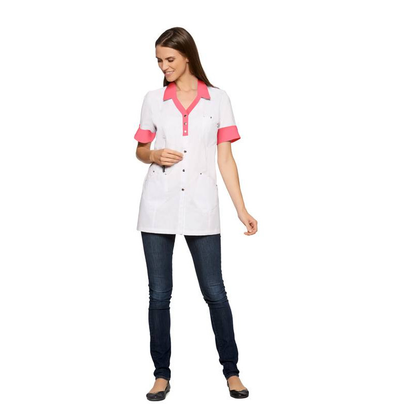 Tunique médicale femme JODIE manches courtes blanc fushia