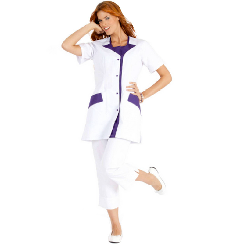 ROMMY Tunique médicale  femme manches courtes bi colores blanc violet