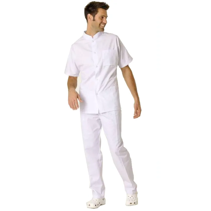 STEEVE Tunique m&eacute;dicale manches courtes homme fermeture pressions  blanc