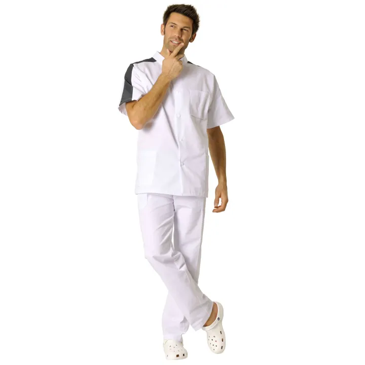 STEEVE Tunique m&eacute;dicale manches courtes homme fermeture pressions  blanc charbon