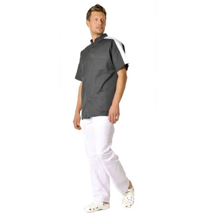 STEEVE Tunique m&eacute;dicale manches courtes homme fermeture pressions  charbon blanc