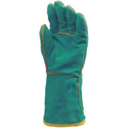 Lot 12 paires de gants tout croûte vach. verte, doublé molleton, m. 15 cm 