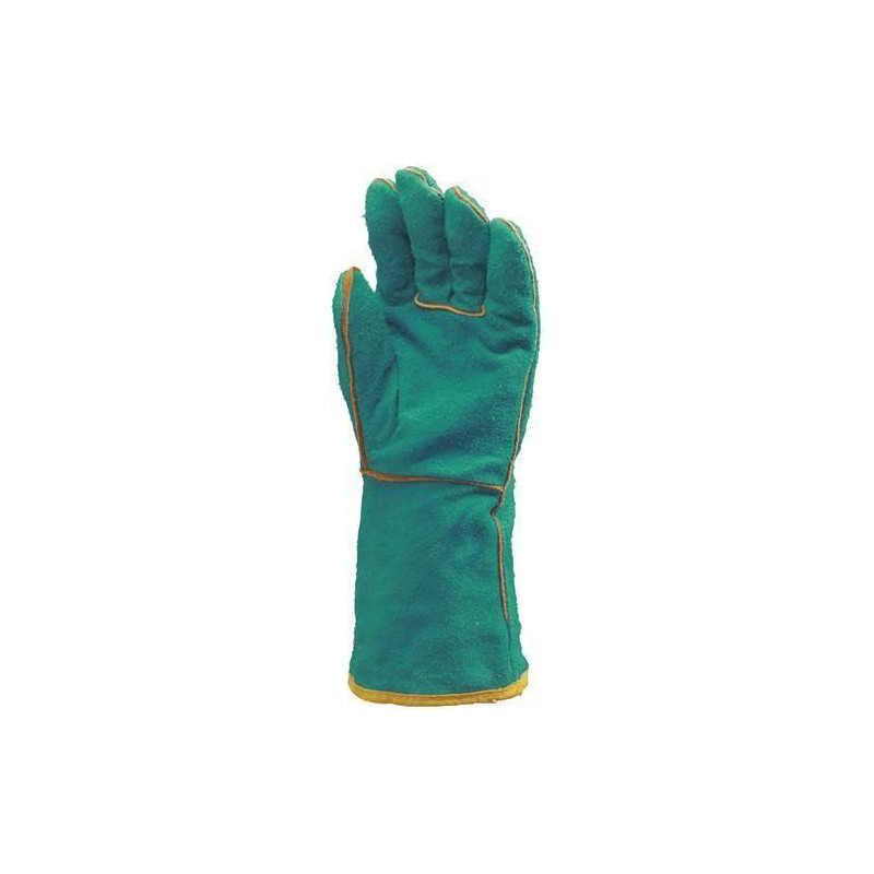 Lot 12 paires de gants tout croûte vach. verte, doublé molleton, m. 15 cm 