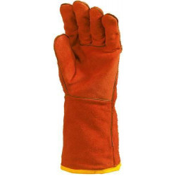 Lot 12 paires de gants tout croûte vach. rouge, doublé molleton, m. 15 cm